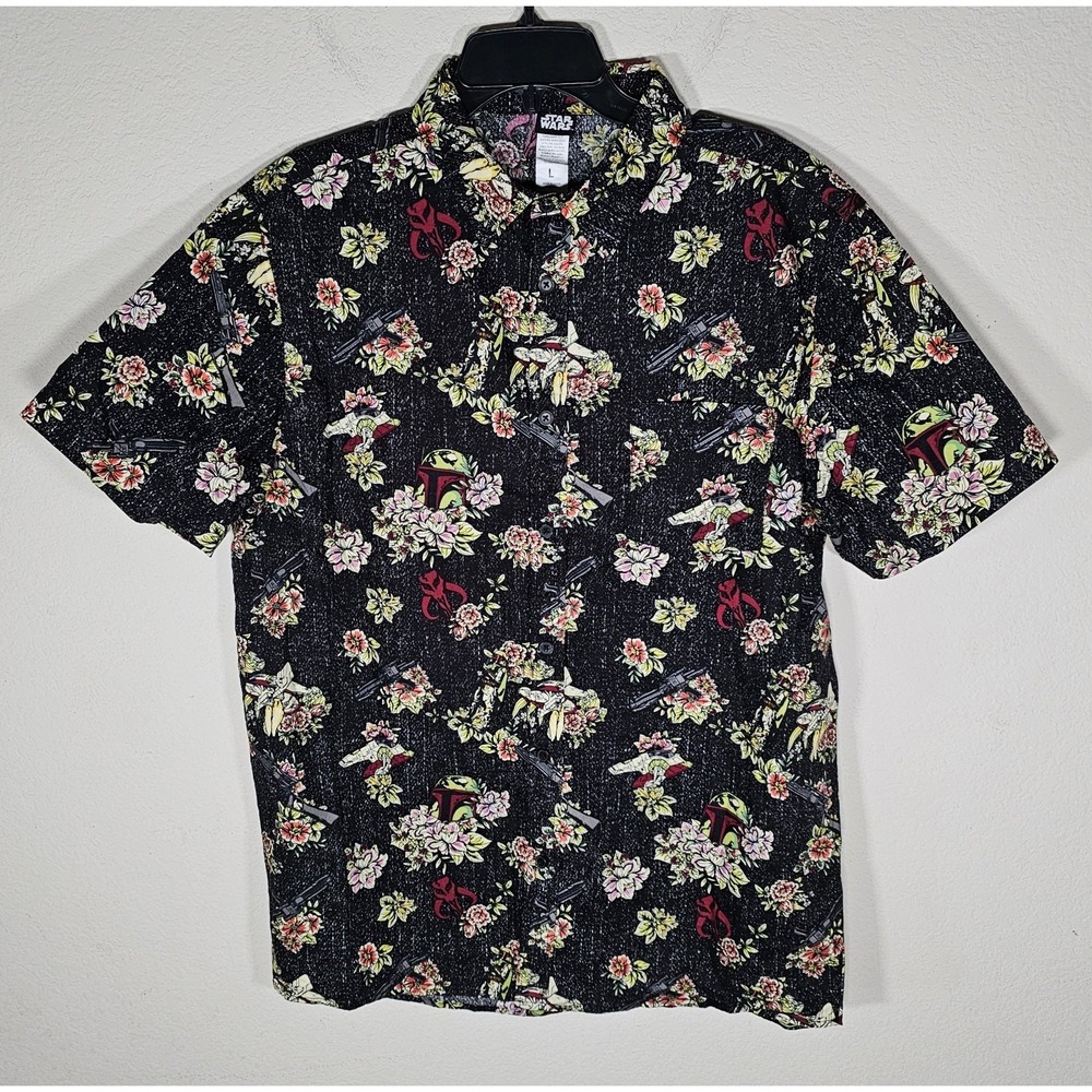Star Wars Boba Fett Button Down Men's L Floral Button Up Collared Black‎ Red